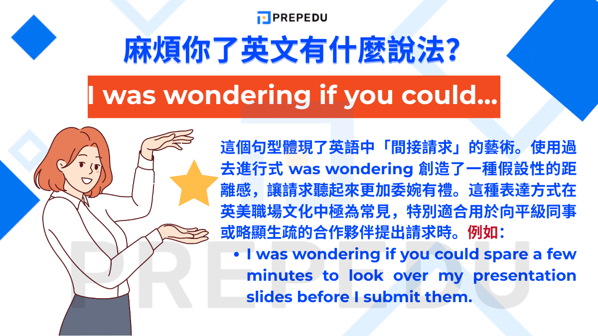 麻煩你了英文可以説 I was wondering if you could…。