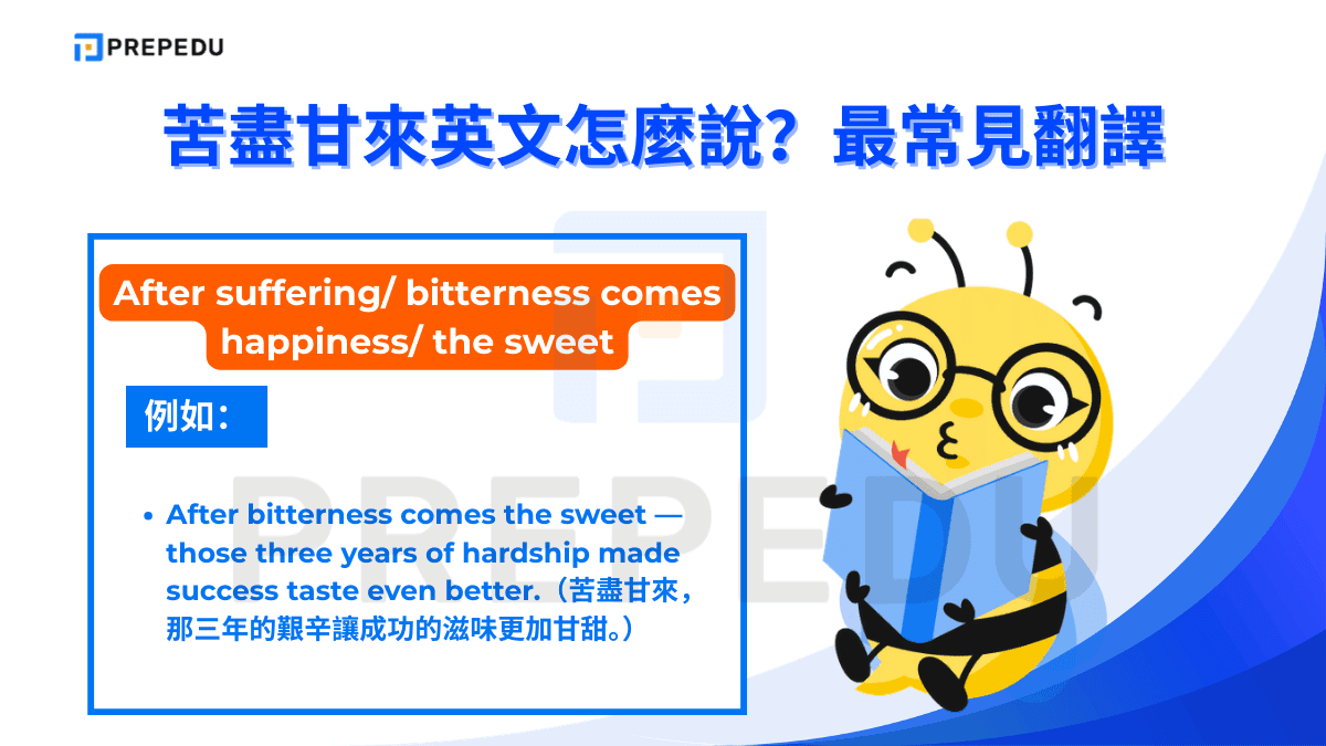 After suffering/ bitterness comes happiness/ the sweet 是苦盡甘來英文最忠實的對應說法之一