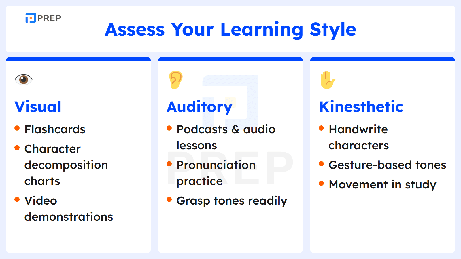 Assess your learning style (visual, auditory, kinesthetic)
