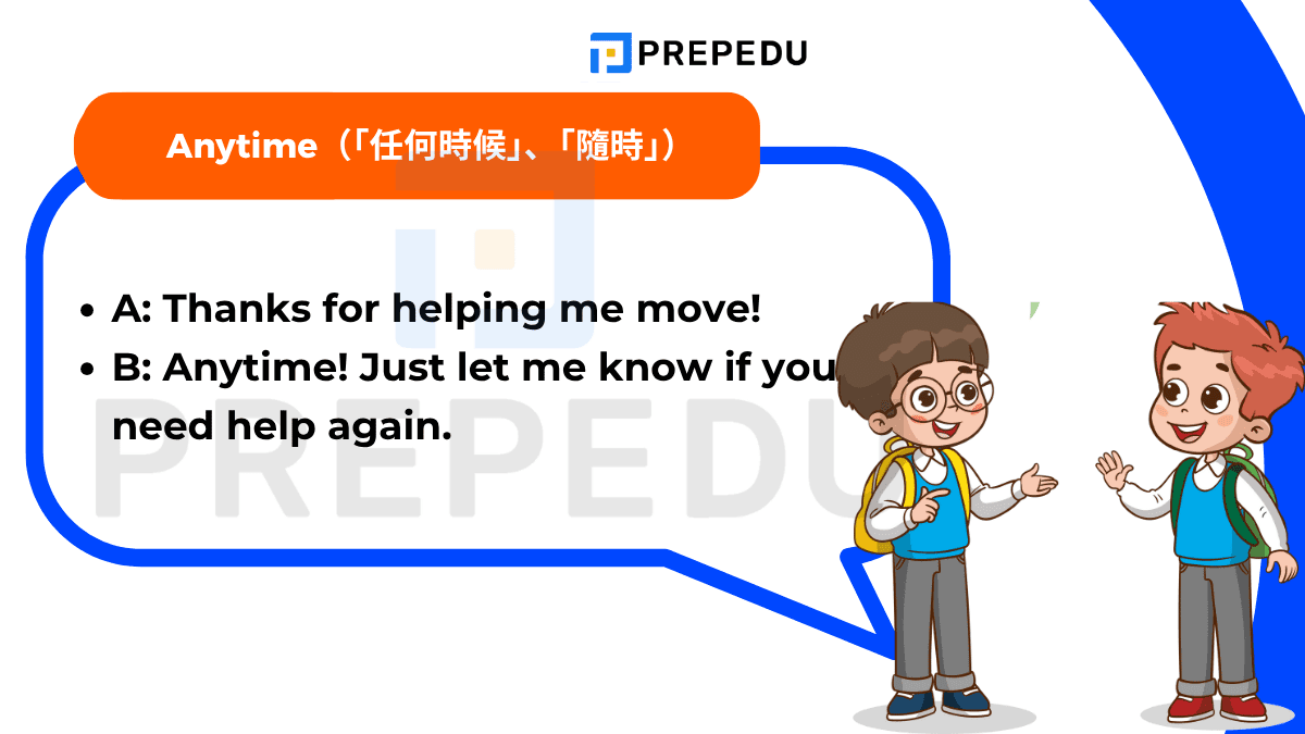 ”Anytime” - 這個詞簡短有力,意思是「任何時候」、「隨時」