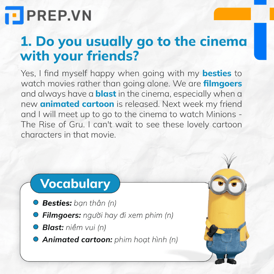 Câu trả lời mẫu IELTS Speaking Part 1 chủ đề: Cinema