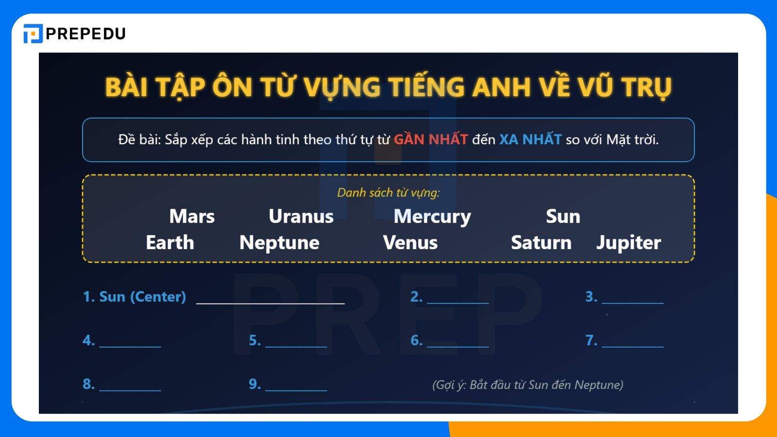 Bài tập ôn từ vựng tiếng Anh về vũ trụ có đáp án