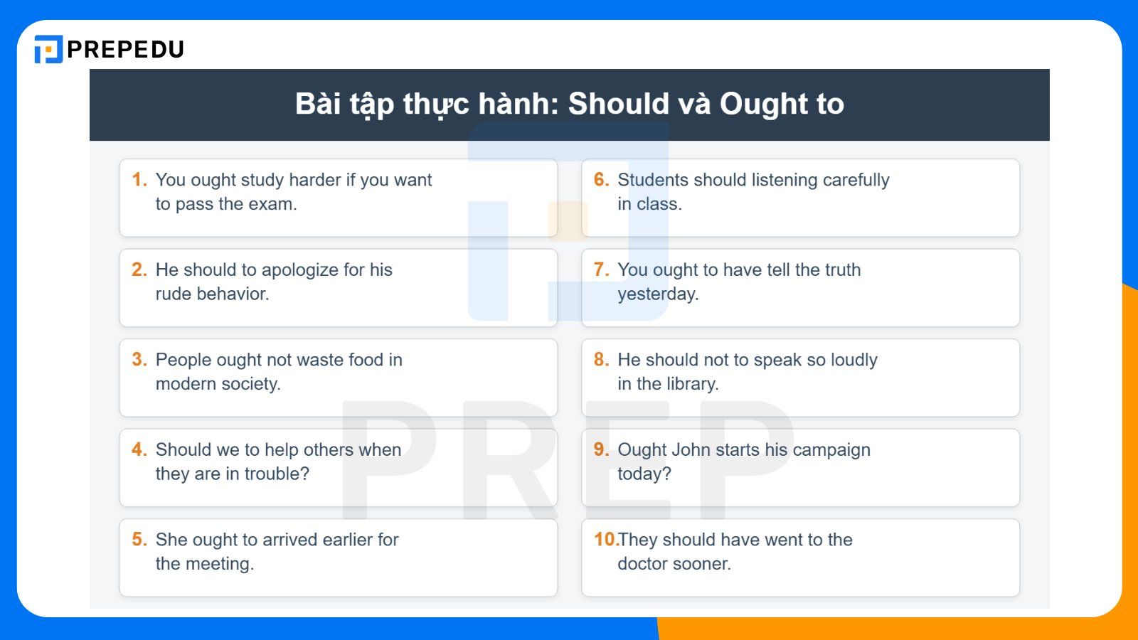 Bài tập phân biệt Should và Ought to