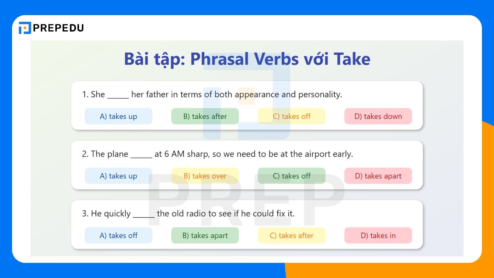 Bài tập phrasal verb với Take có đáp án