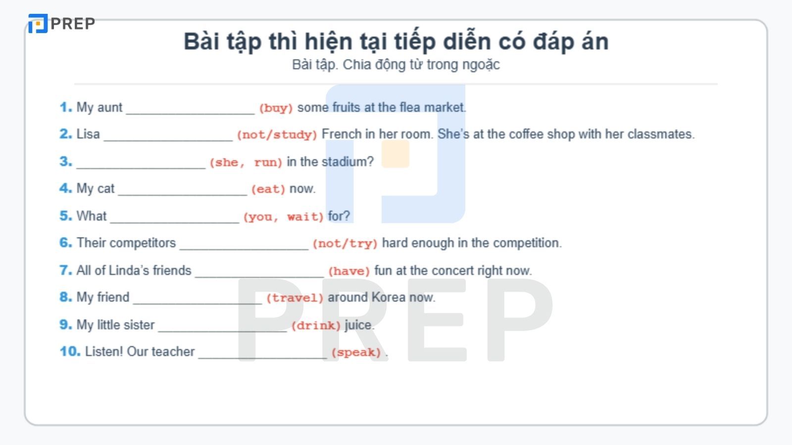 Bài tập thì hiện tại tiếp diễn có đáp án