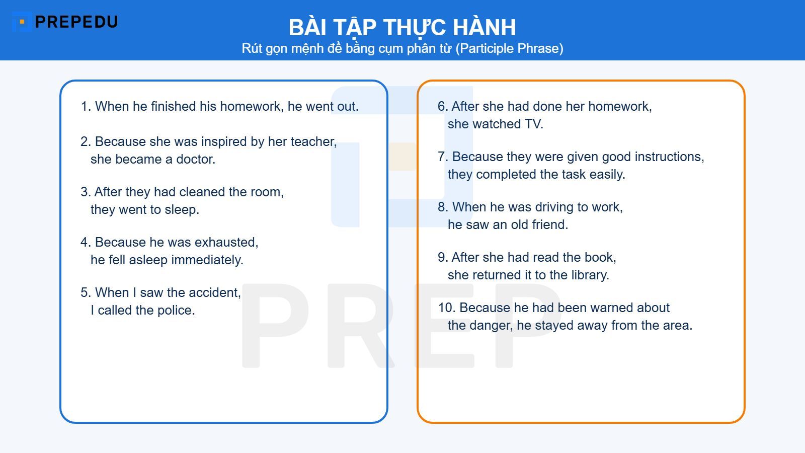 Bài tập thực hành cụm phân từ participle phrase
