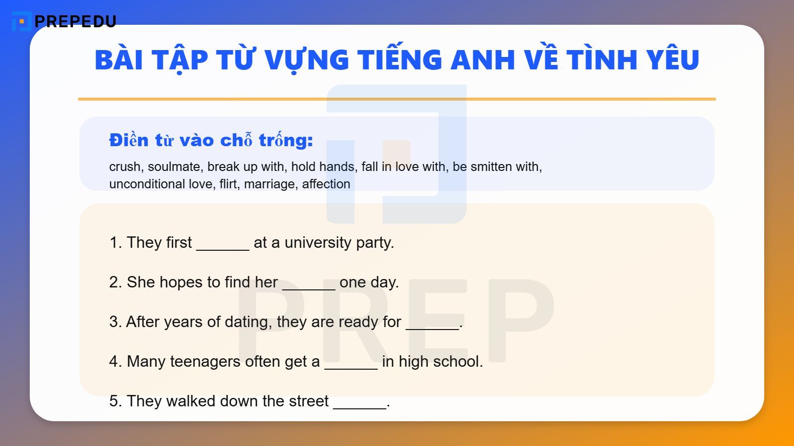 Bài tập từ vựng tiếng Anh về tình yêu