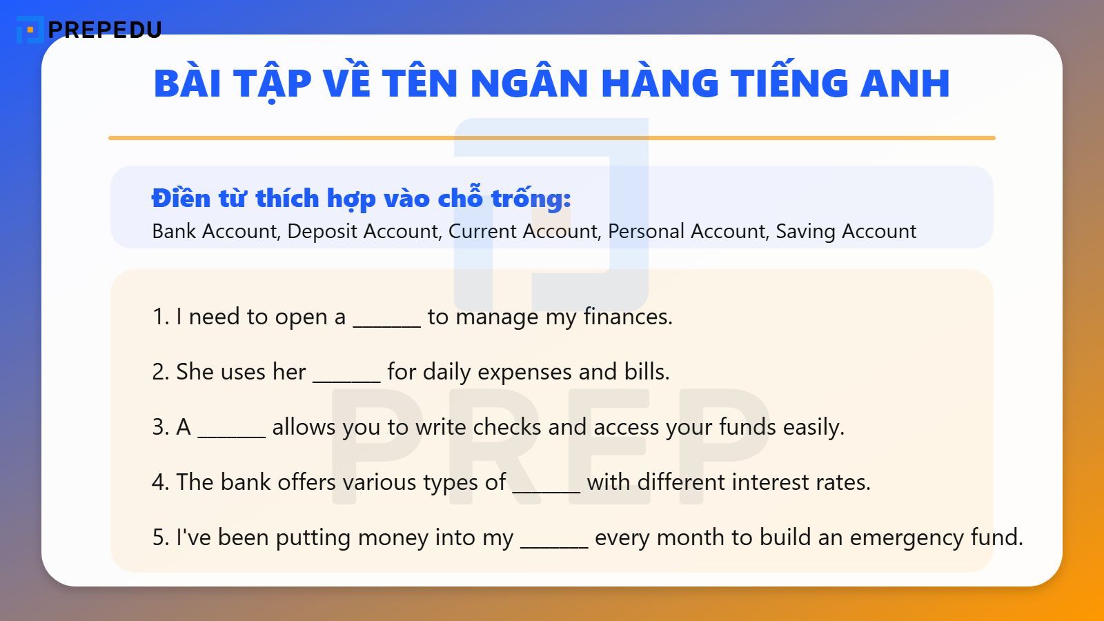 Bài tập về tên ngân hàng tiếng Anh