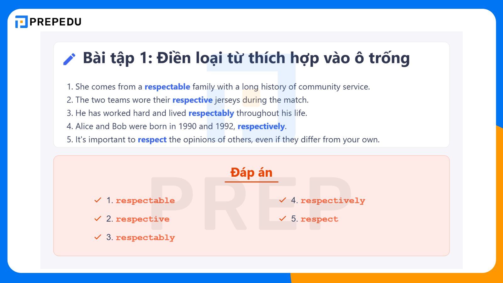 Bài tập với Respect & Đáp án