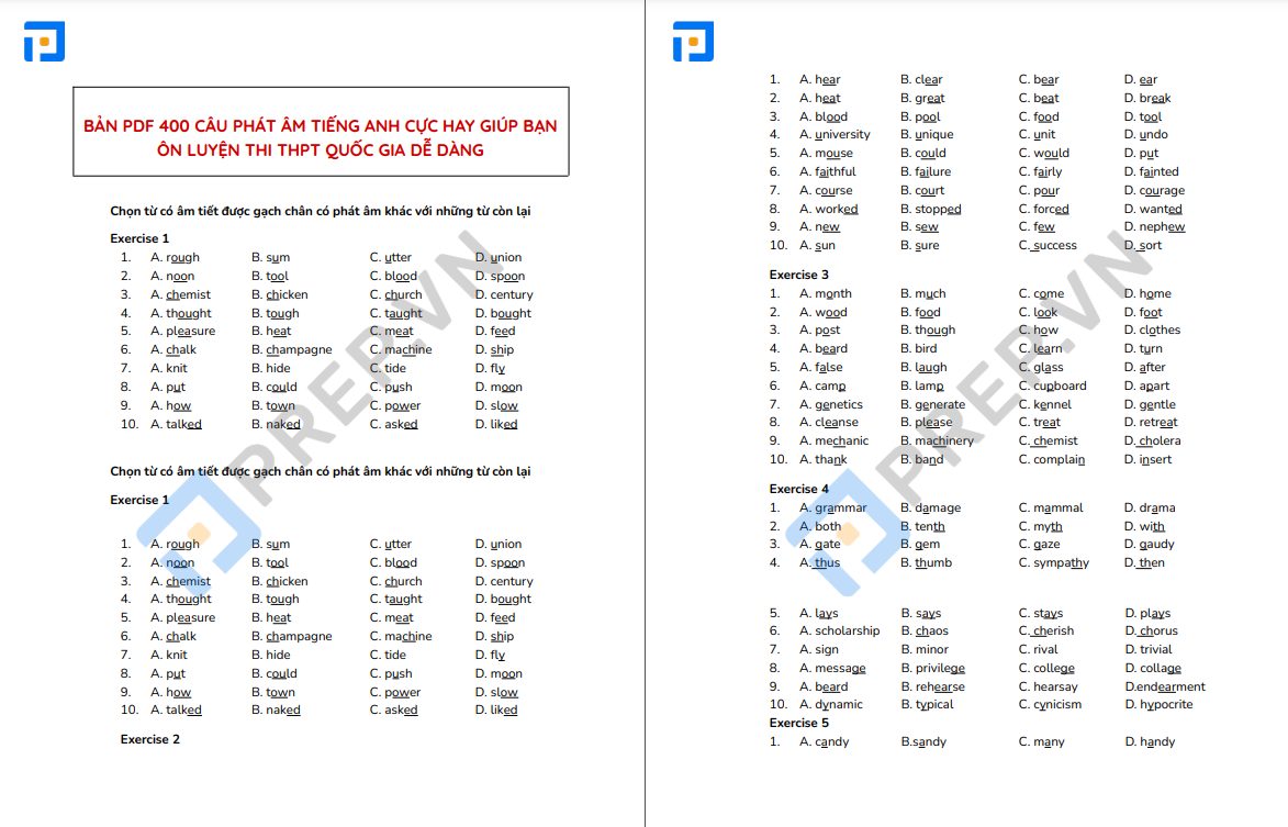 Bản PDF - 400 câu trắc nghiệm bài tập phát âm tiếng Anh