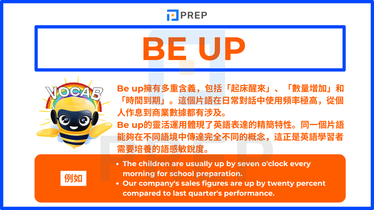 Be up擁有多重含義,包括「起床醒來」、「數量增加」和「時間到期」