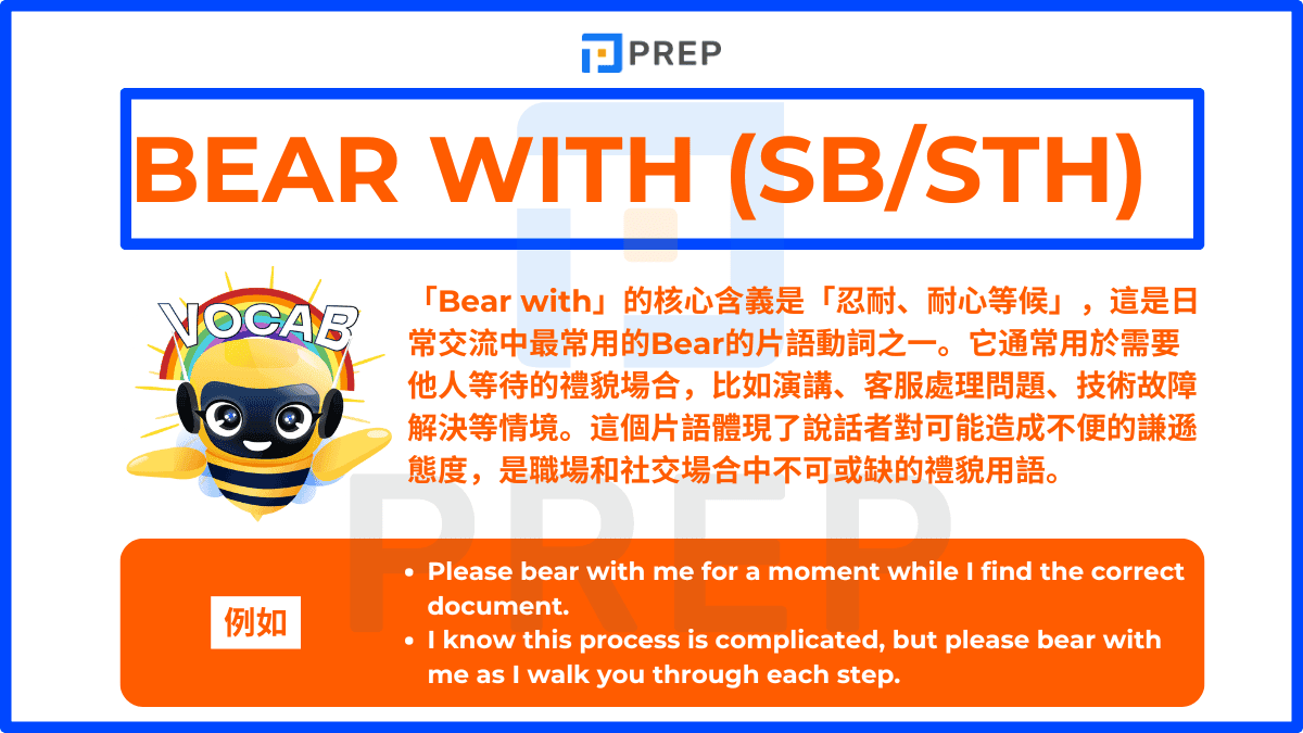 「Bear with」的核心含義是「忍耐、耐心等候」