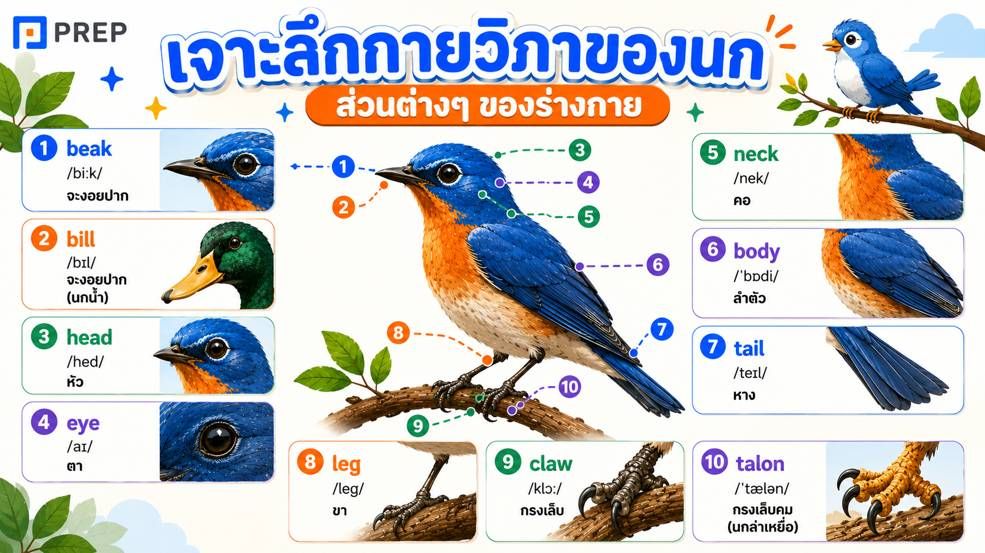 เรียนรู้ส่วนต่าง ๆ ของร่างกายนก ในภาพเดียว