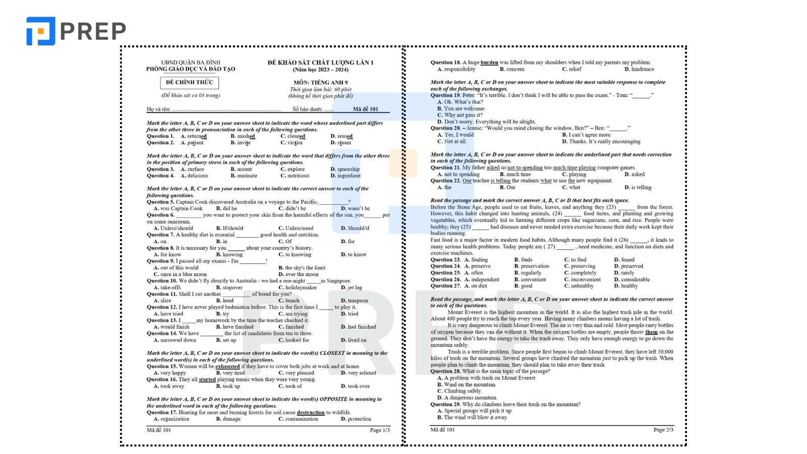 Bộ Đề Khảo Sát Tiếng Anh Lớp 9 Mẫu
