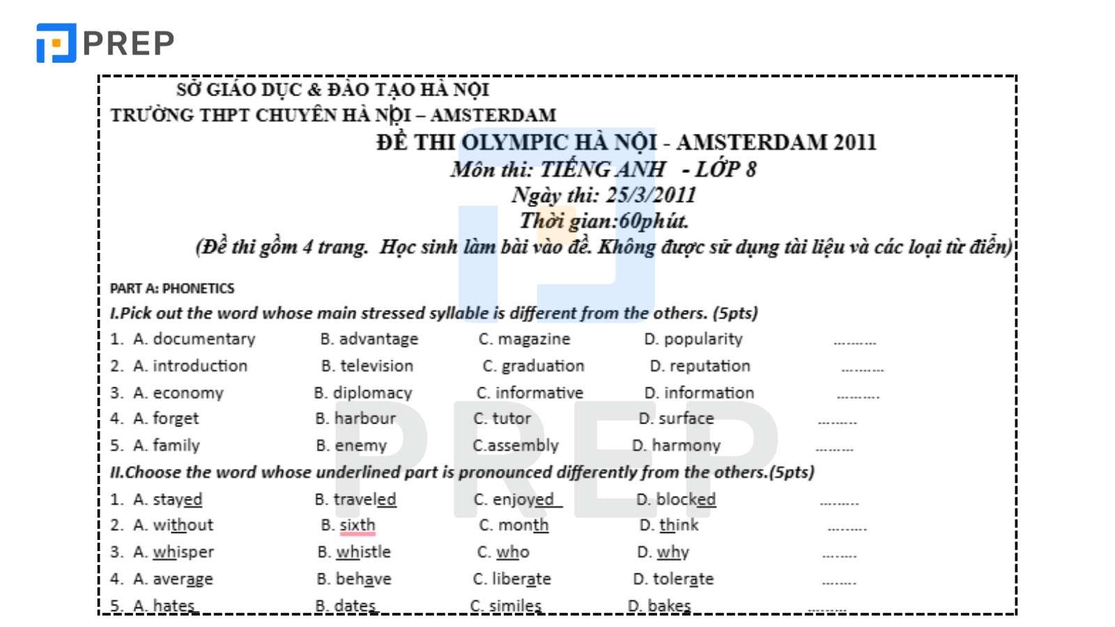 Bộ Đề Thi Olympic Tiếng Anh Hà Nội Amsterdam Lớp 8