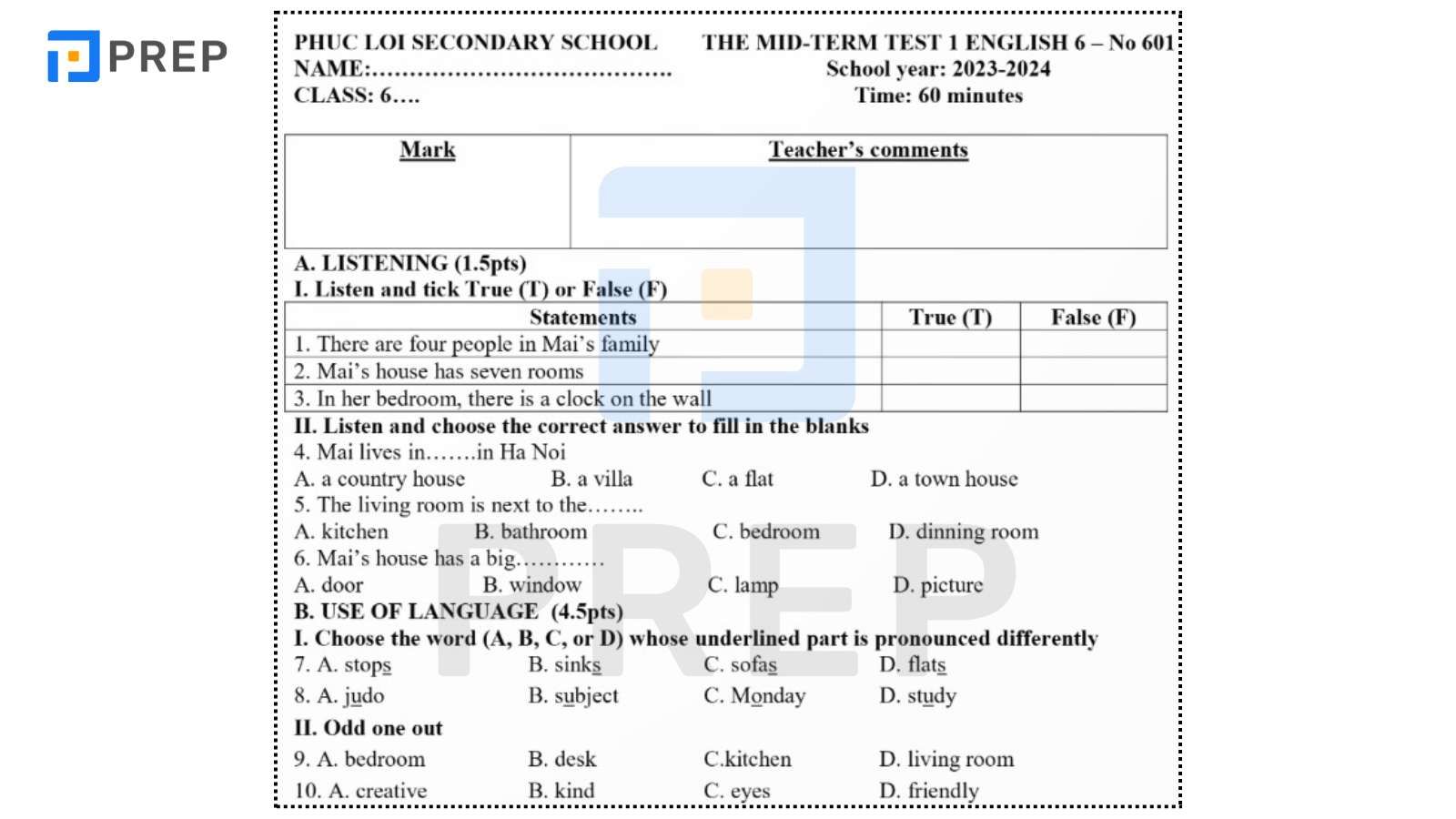 Bộ Đề Thi Tiếng Anh Lớp 6 Giữa Học Kì 1