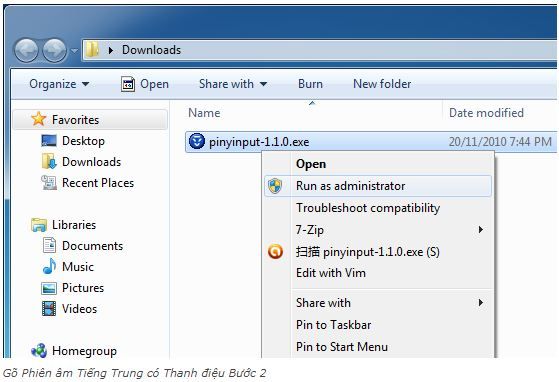 Thao tác cài đặt bộ gõ Pinyin Input như hình bên