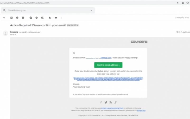 Ấn email để xác nhận đăng ký khóa học