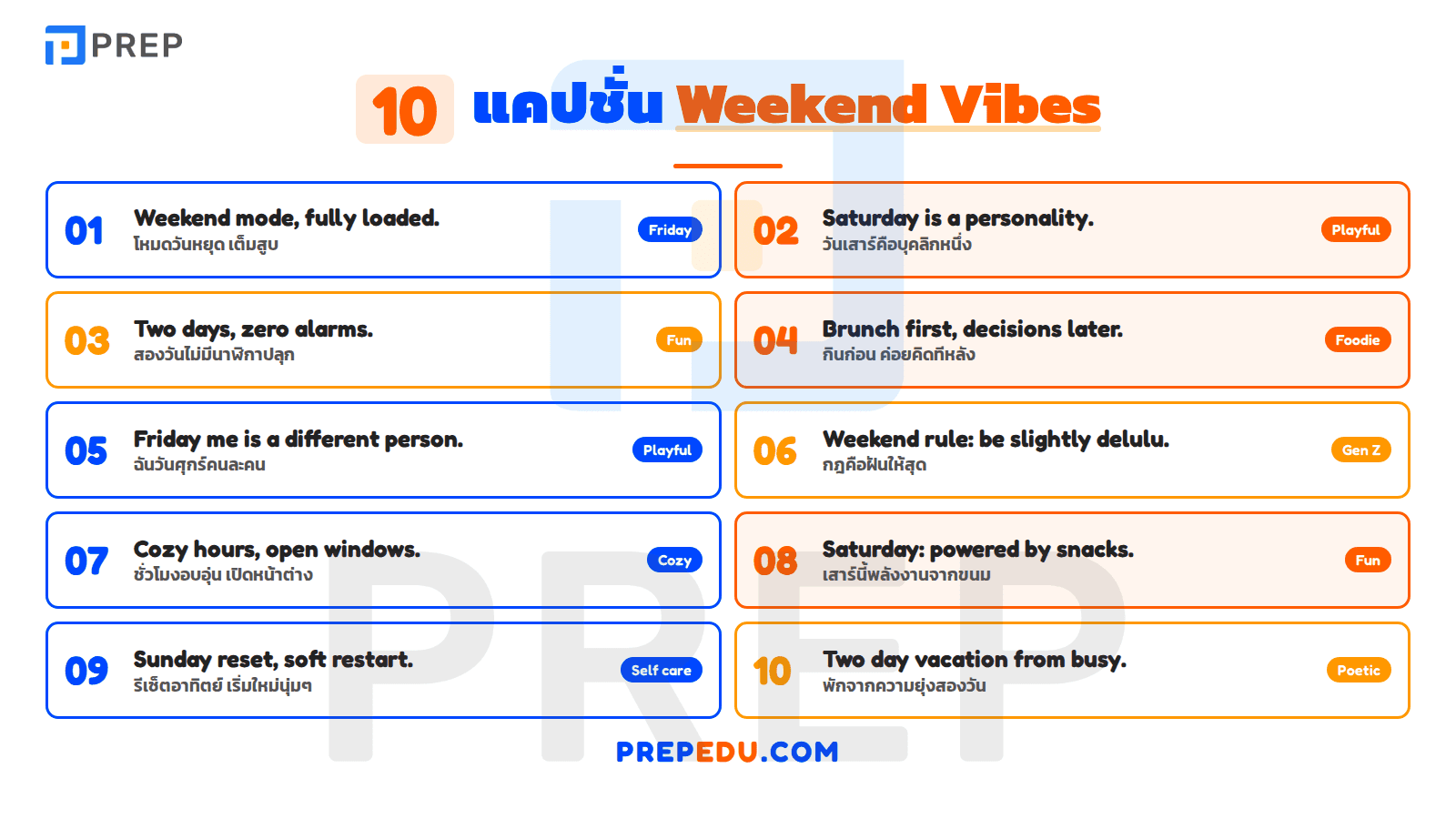 แคปชั่นวันหยุด ภาษาอังกฤษ Weekend Vibes 10 ประโยค