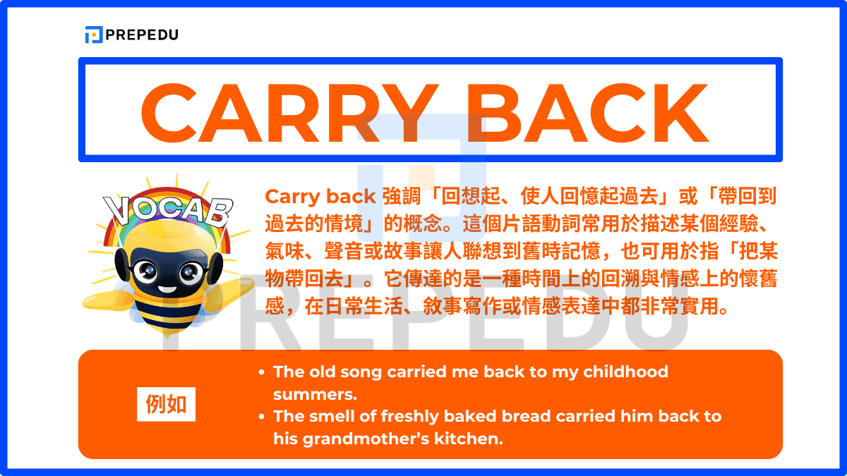 Carry back 強調「回想起、使人回憶起過去」或「帶回到過去的情境」的概念