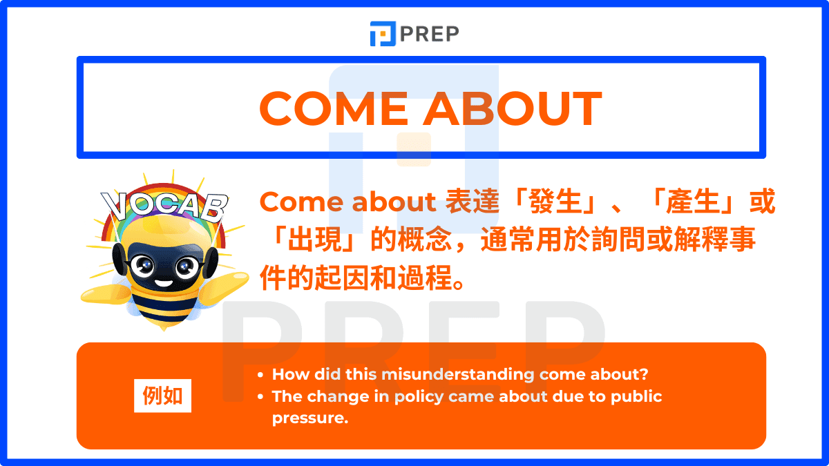 Come about 表達「發生」、「產生」或「出現」的概念