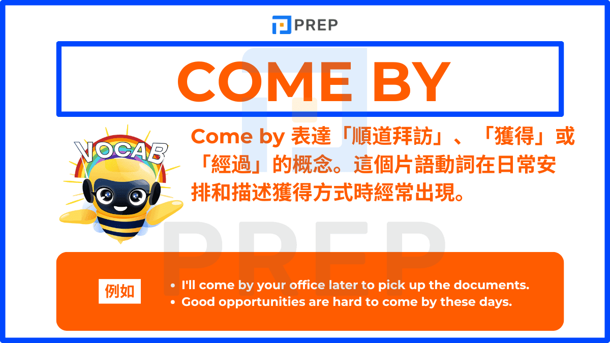 Come by 表達「順道拜訪」、「獲得」或「經過」的概念
