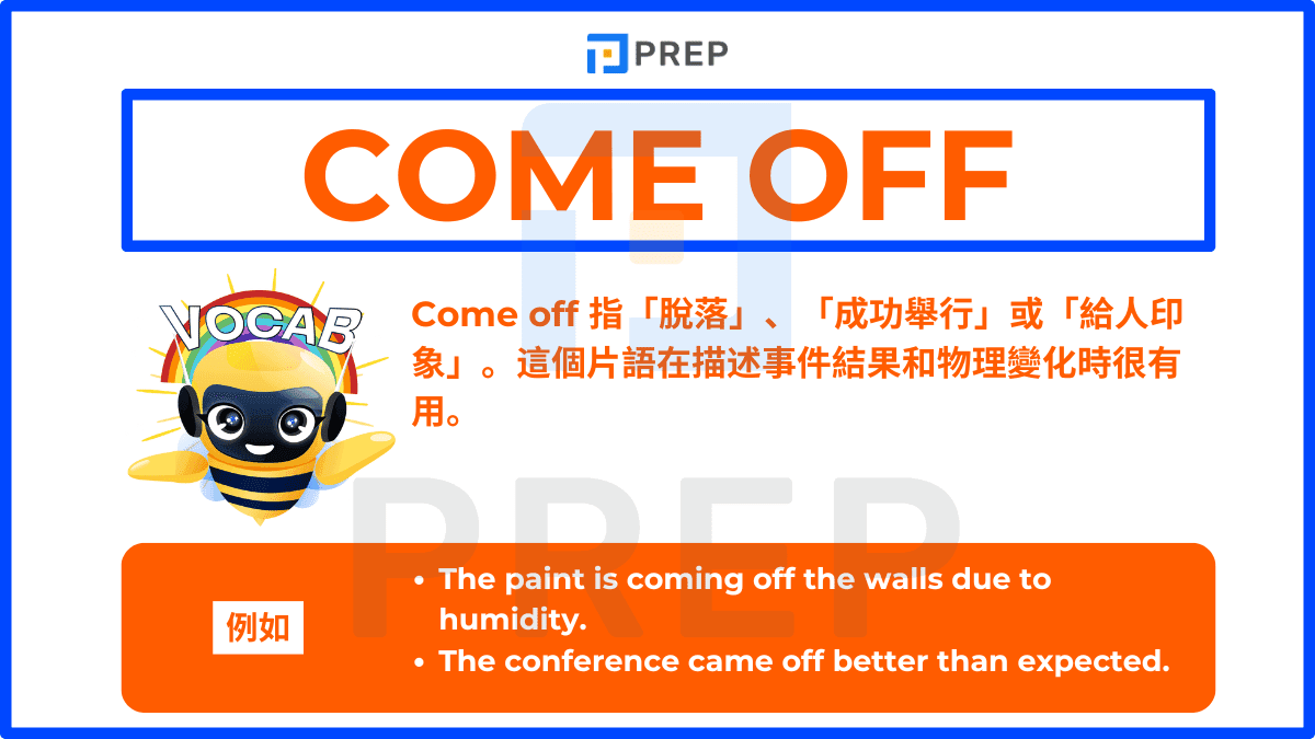 Come off 指「脫落」、「成功舉行」或「給人印象」