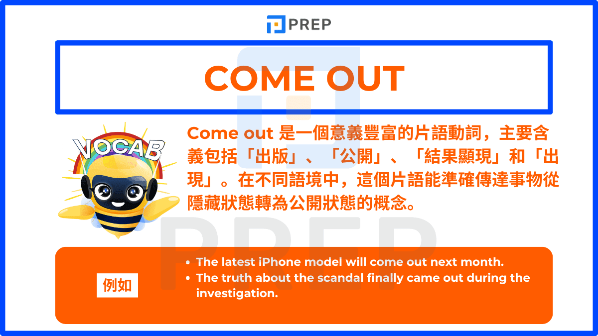 Come out 主要含義包括「出版」、「公開」、「結果顯現」和「出現」