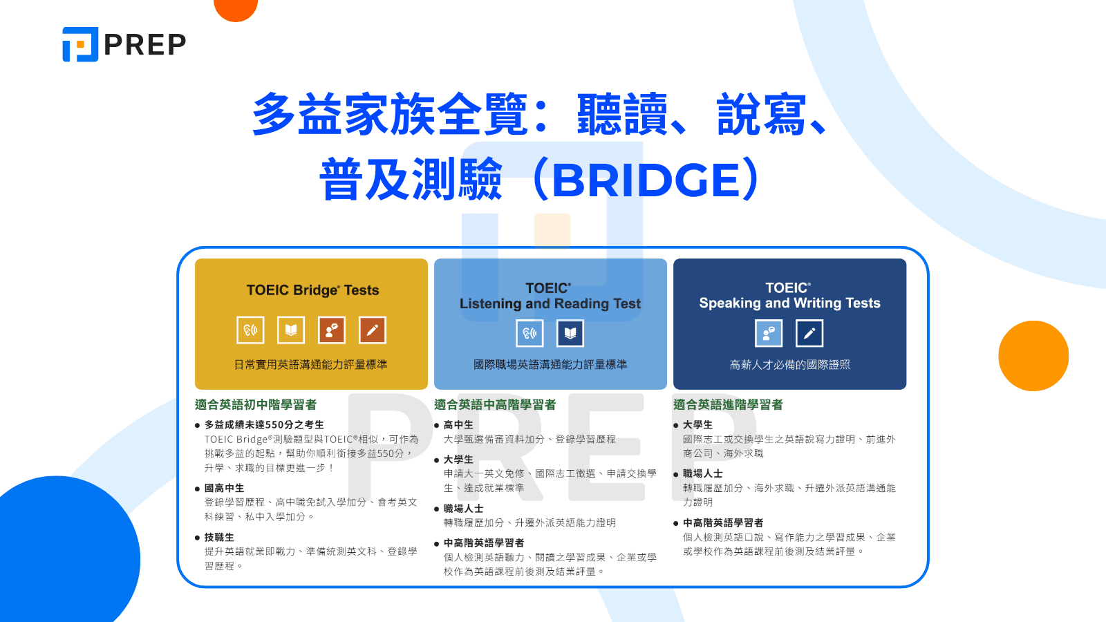 多益家族全覽：聽讀、說寫、普及測驗（Bridge）