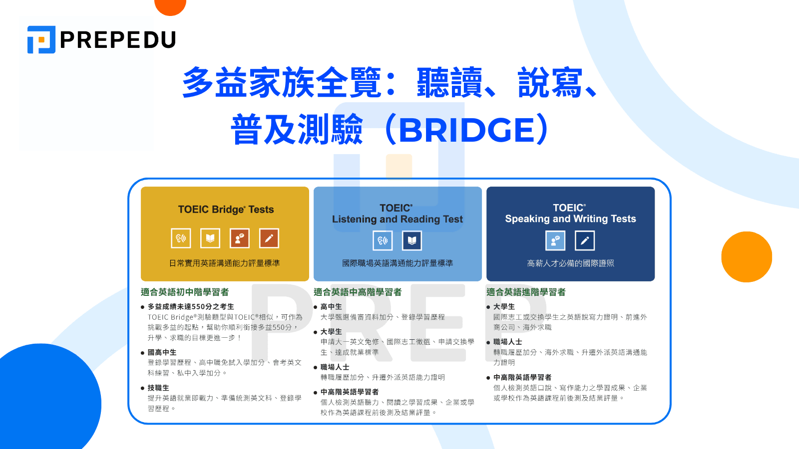 多益家族全覽：聽讀、說寫、普及測驗（Bridge）