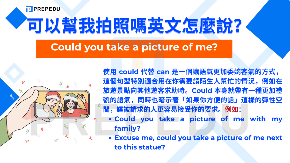 最常用表達可以幫我拍照嗎英文的句子是 Could you take a picture of me?。