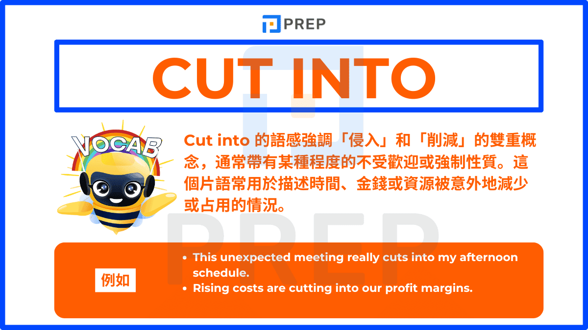 Cut into 的語感強調「侵入」和「削減」的雙重概念