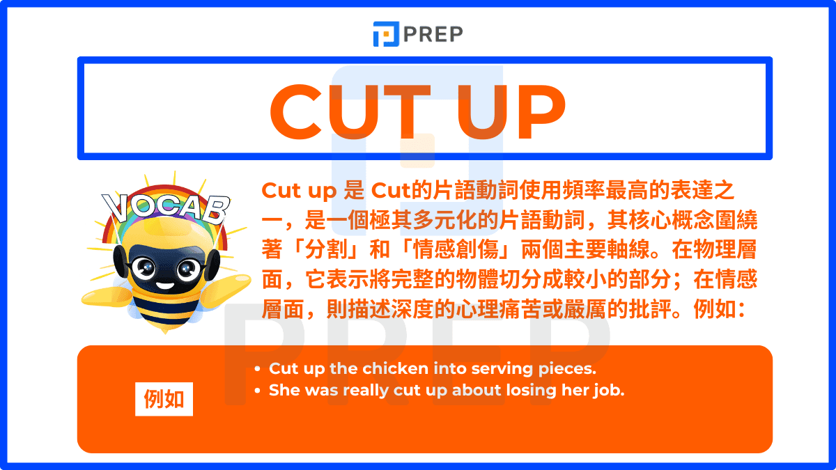 Cut up 是 Cut的片語動詞使用頻率最高的表達之一