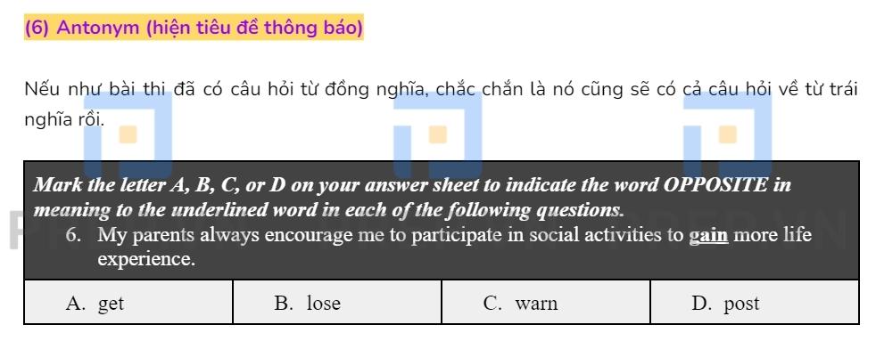 Dạng câu hỏi từ trái nghĩa