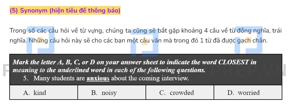 Dạng câu hỏi từ đồng nghĩa