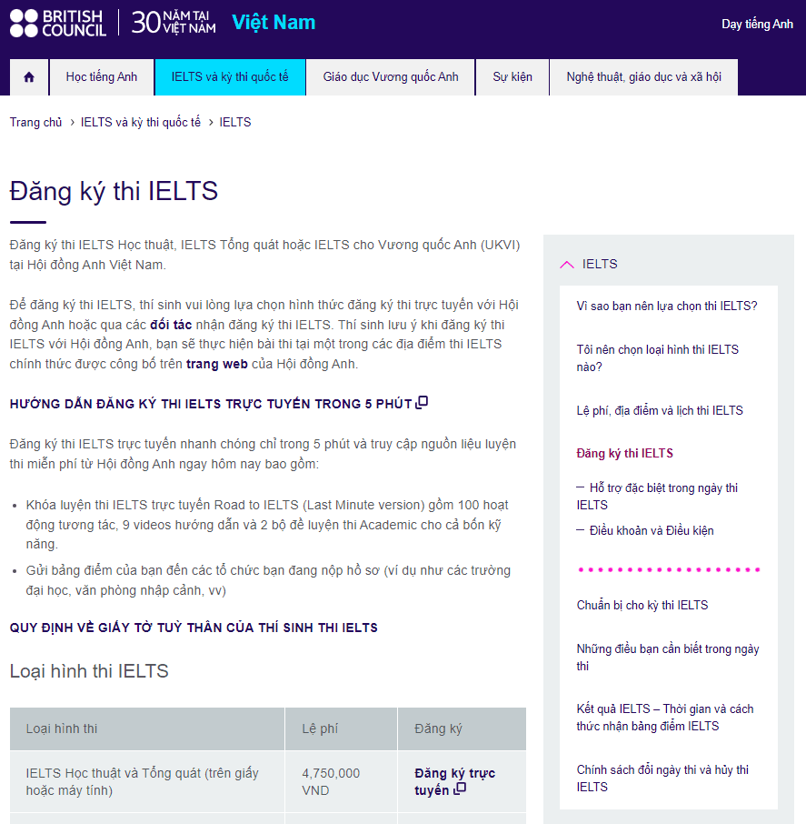 Đăng kí thi IELTS tại British Council