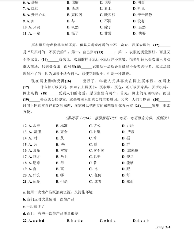 Đề minh họa tiếng Trung THPT Quốc gia 2025