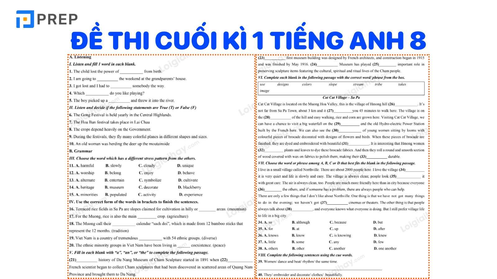 Đề thi tiếng Anh cuối kì 1 lớp 8 có đáp án