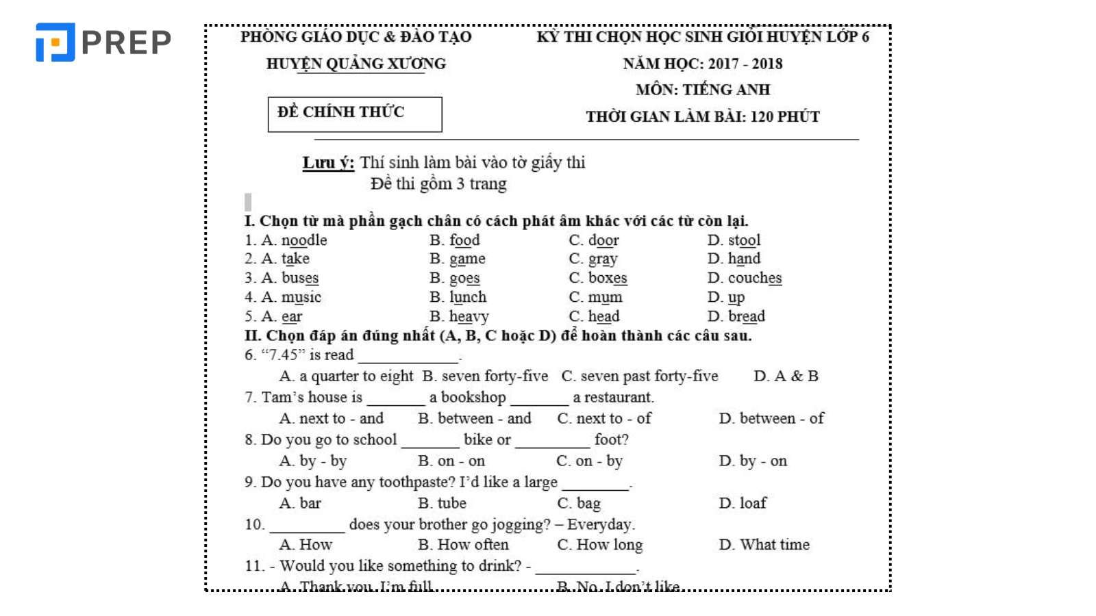 Đề Thi Học Sinh Giỏi Tiếng Anh Lớp 6 Cấp Huyện