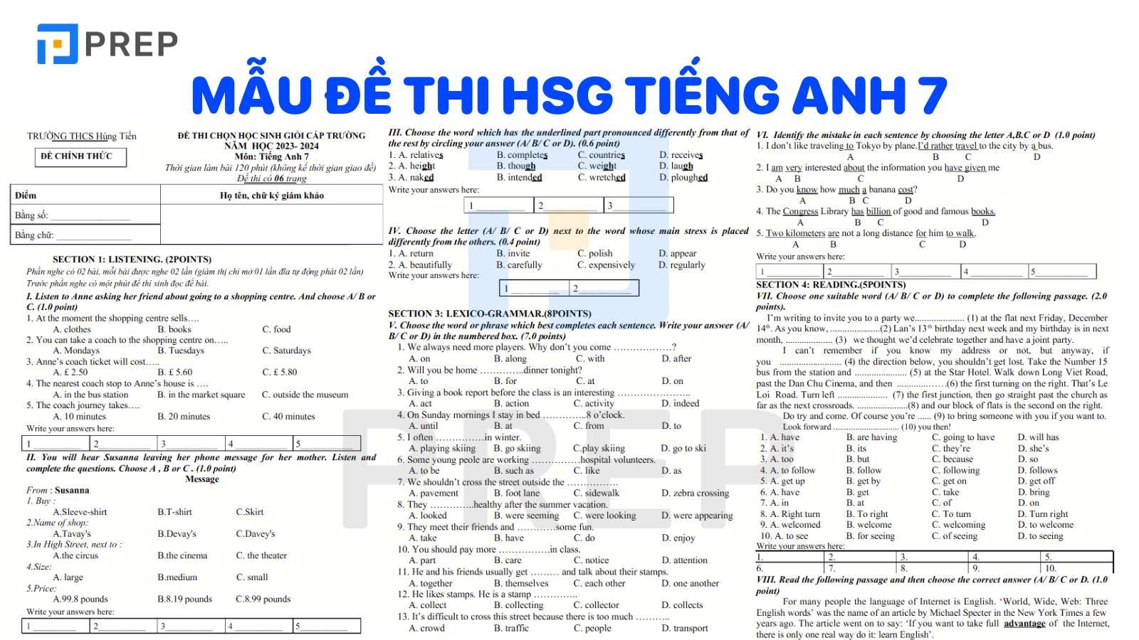Đề Thi Học Sinh Giỏi Tiếng Anh Lớp 7