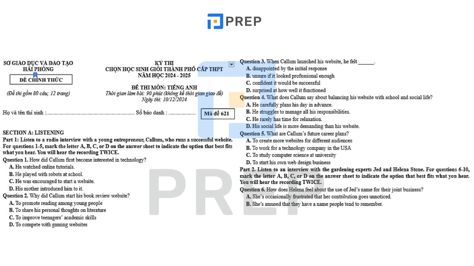 Đề thi HSG tiếng Anh 12