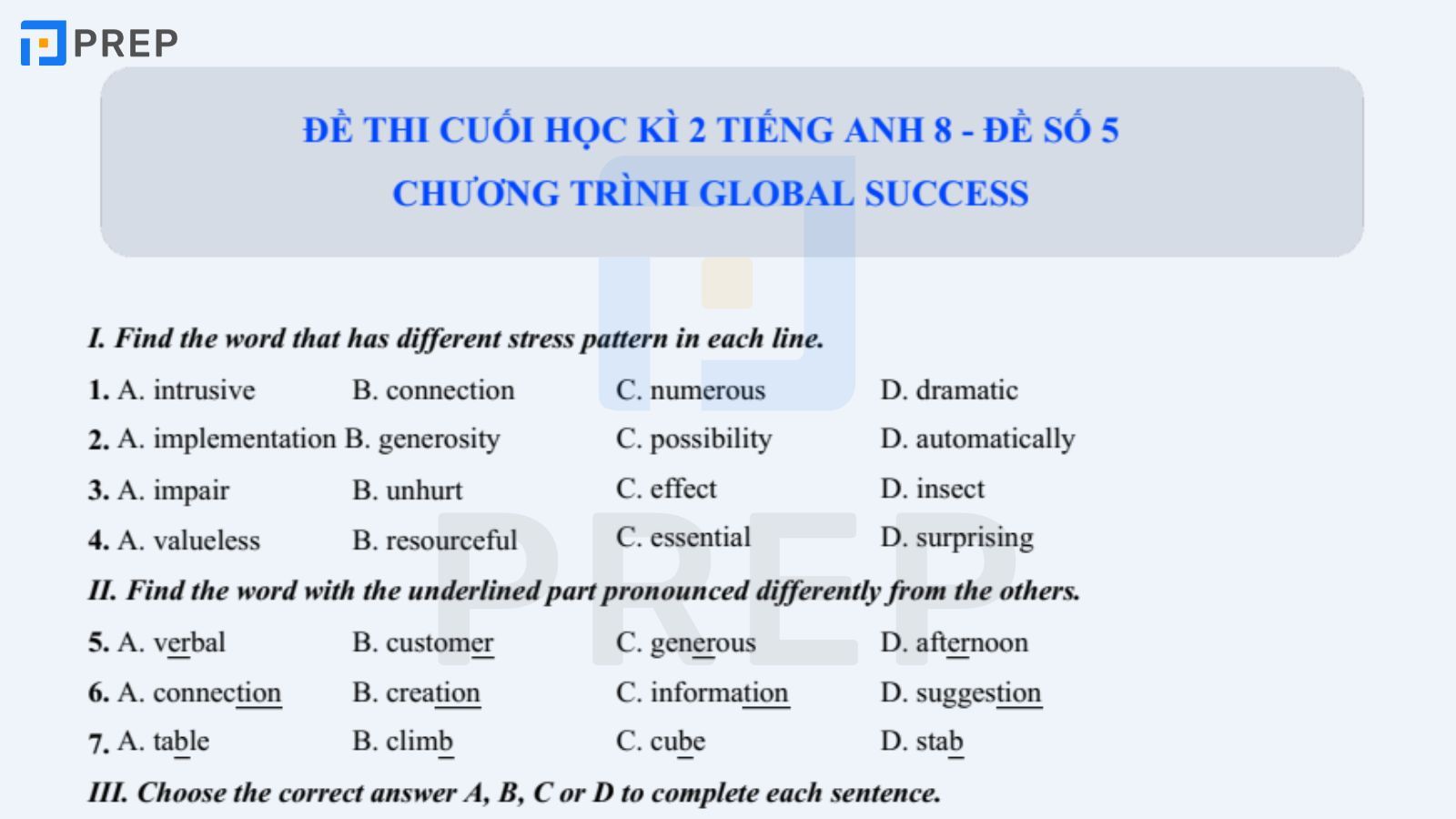 Đề thi tiếng Anh cuối kì 2 lớp 8 có đáp án