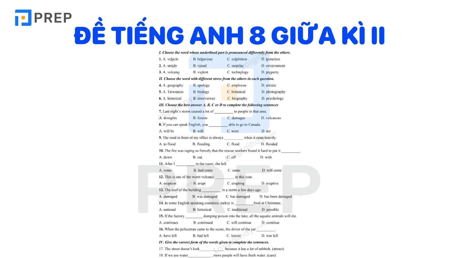 Tổng hợp đề thi tiếng Anh giữa kì 2 lớp 8 có đáp án