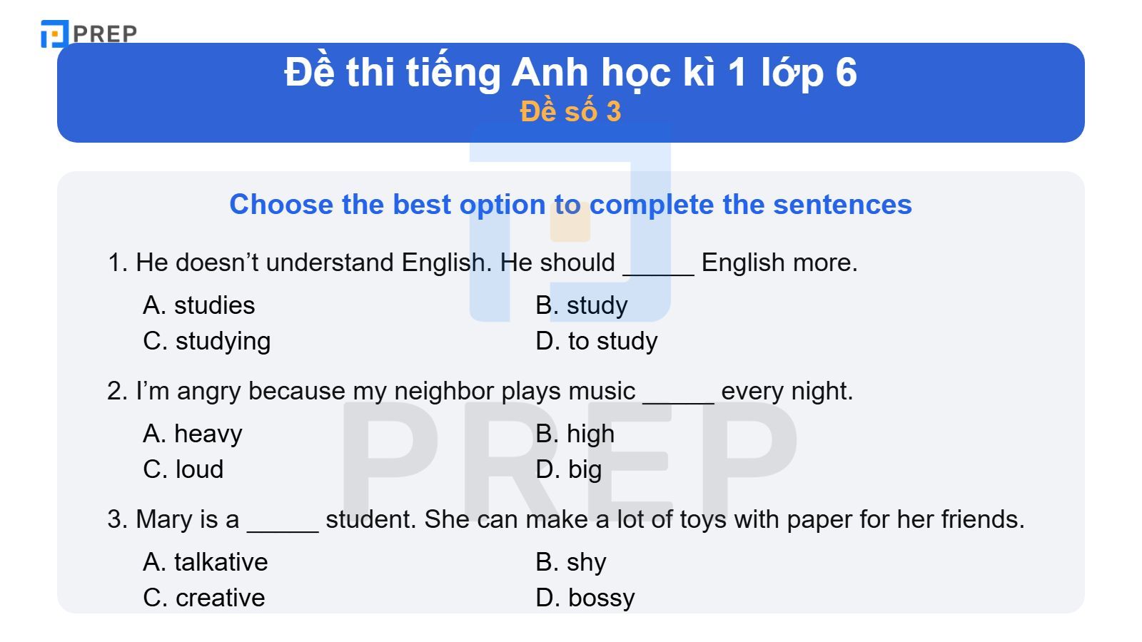 Đề thi tiếng Anh học kì 1 lớp 6