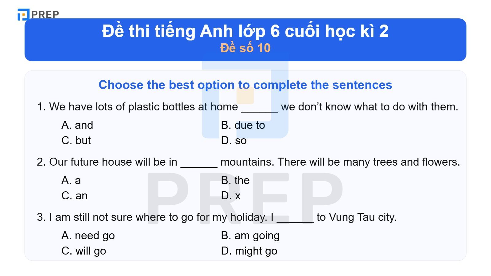 Đề thi tiếng Anh lớp 6 cuối học kì 2
