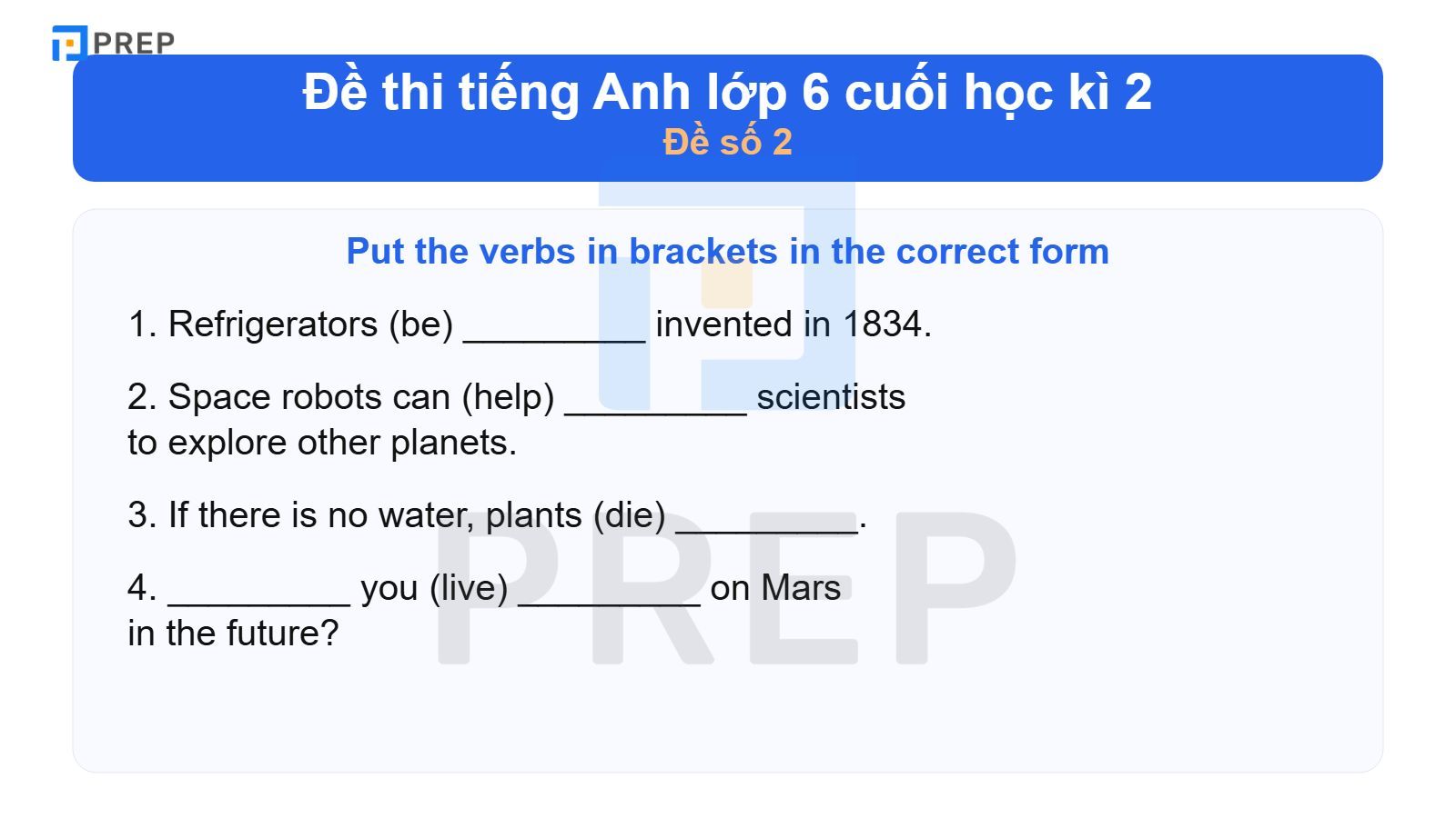 Đề thi tiếng Anh lớp 6 cuối học kì 2