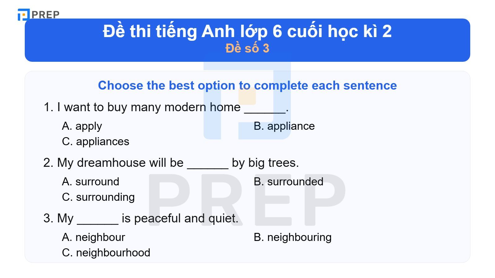 Đề thi tiếng Anh lớp 6 cuối học kì 2