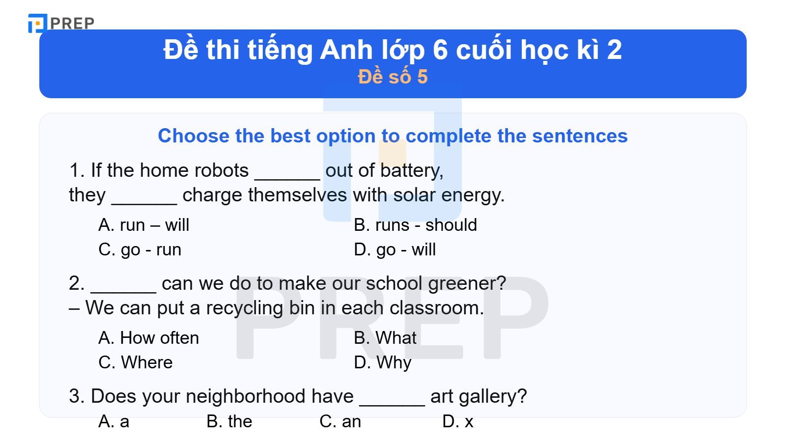 Đề thi tiếng Anh lớp 6 cuối học kì 2