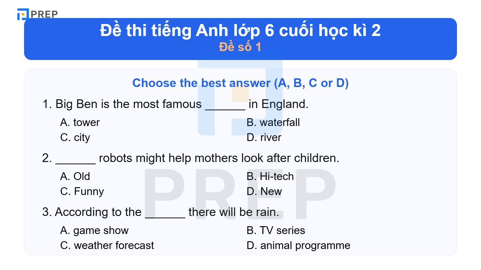 Đề thi tiếng Anh lớp 6 cuối học kì 2