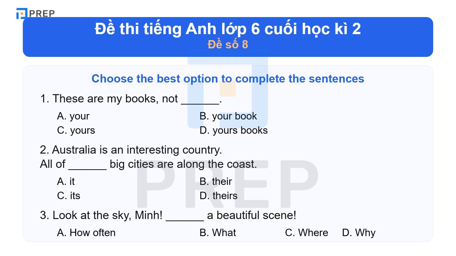 Đề thi tiếng Anh lớp 6 cuối học kì 2